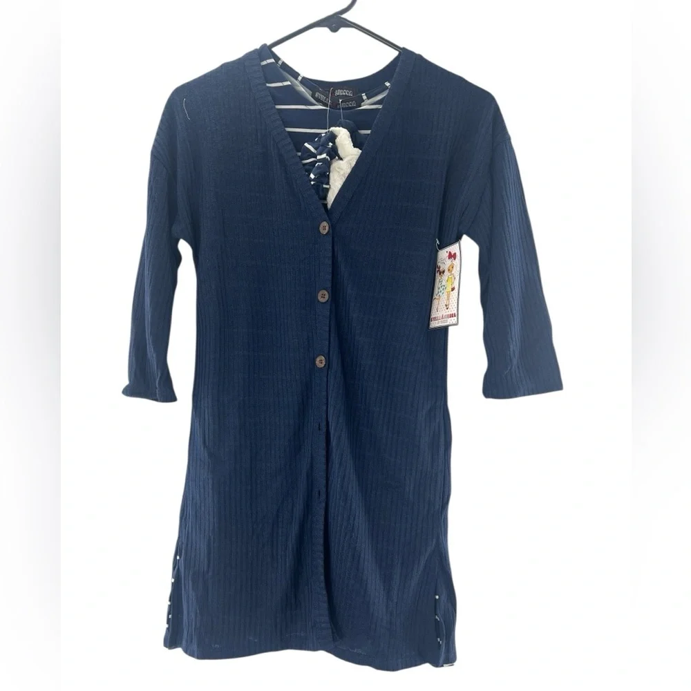 Stella & Sienna 3-Pc Set Midi Stripe Dress, Navy Blue Button-Up Cardigan L